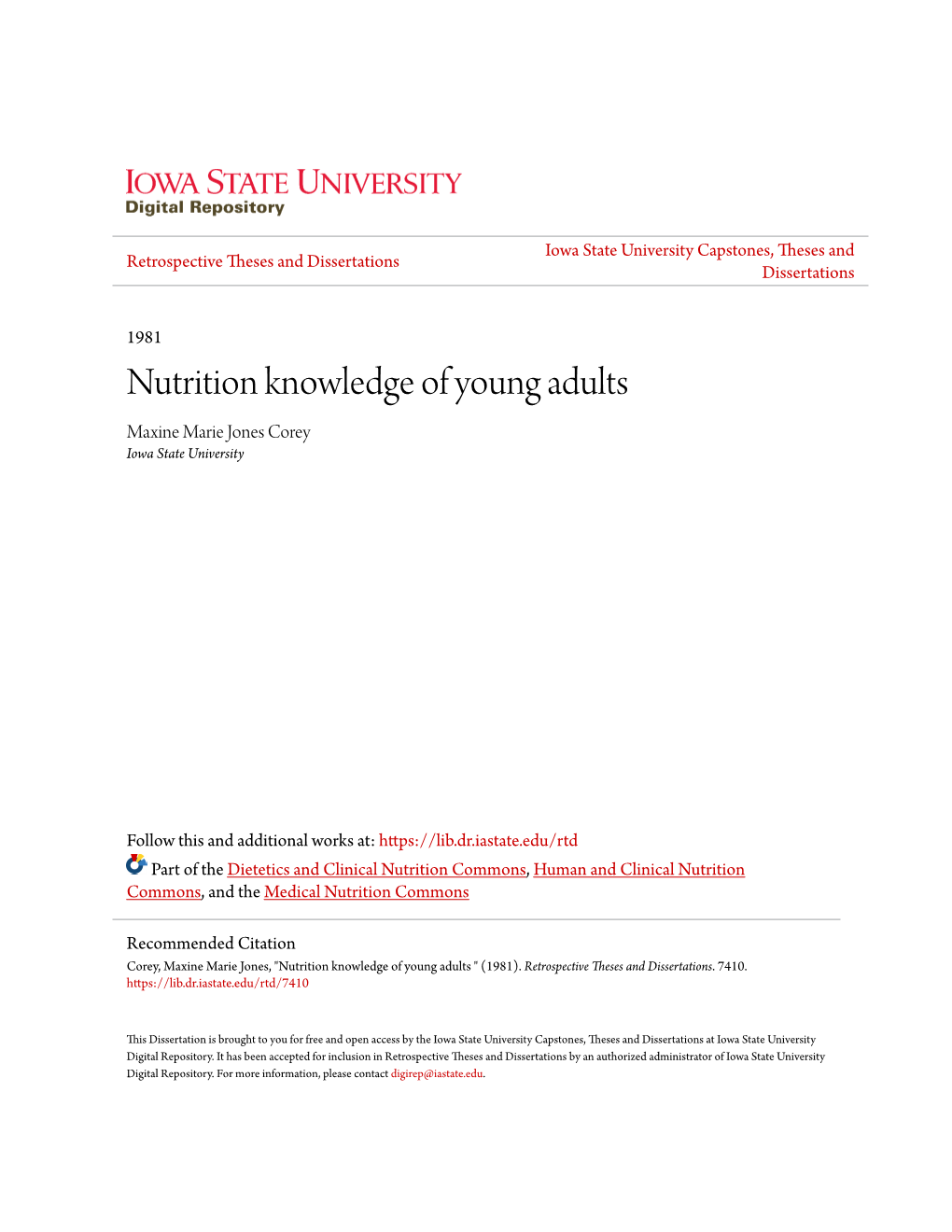 Nutrition Knowledge of Young Adults Maxine Marie Jones Corey Iowa State University