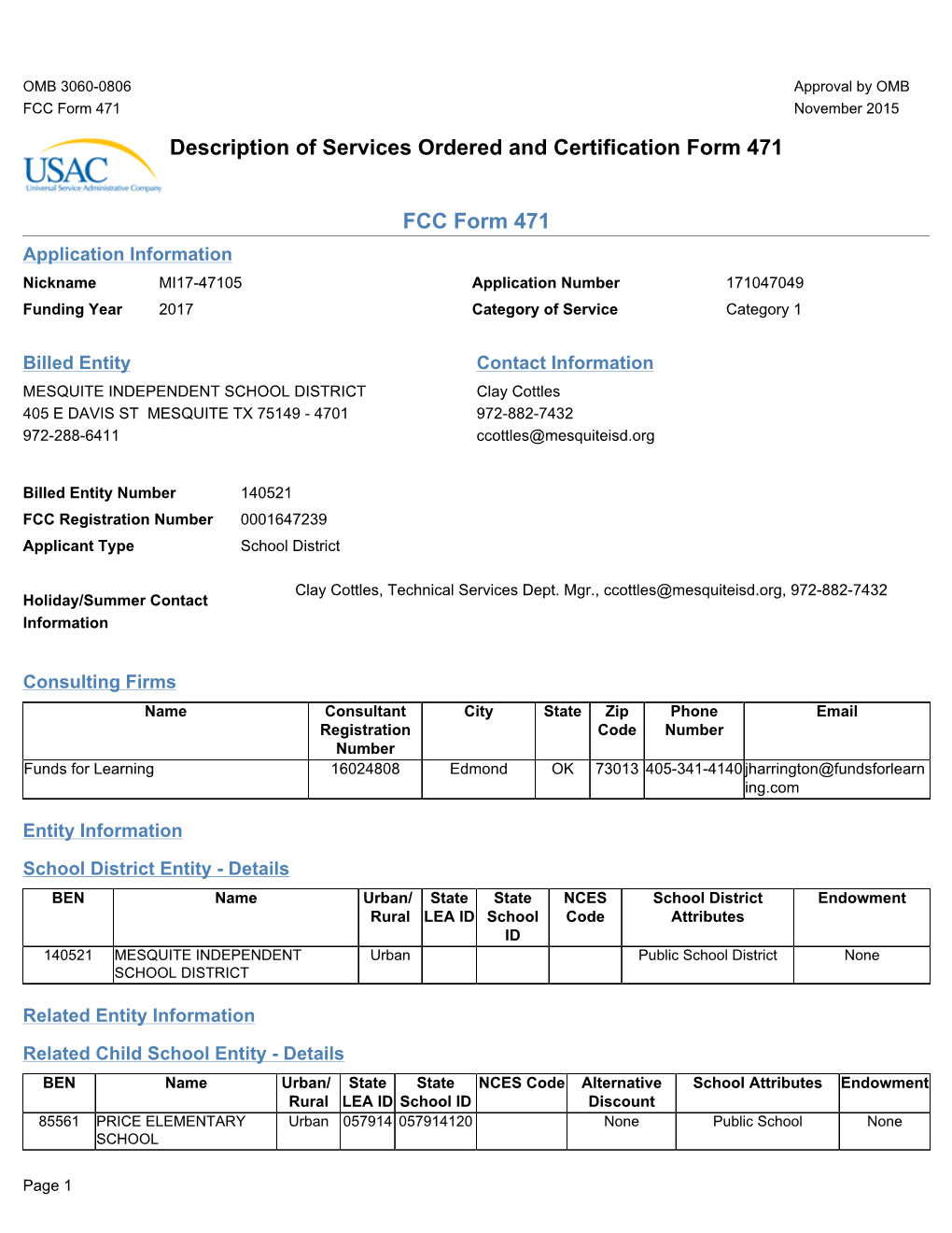 Description of Services Ordered and Certification Form 471 FCC Form