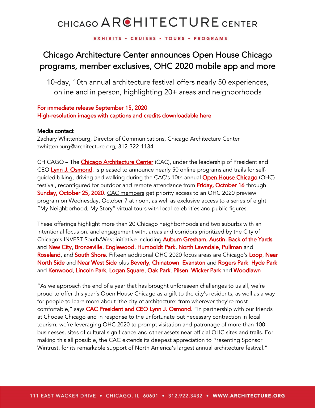 Chicago Architecture Center Announces Open House Chicago Programs, Member Exclusives, OHC 2020 Mobile App and More