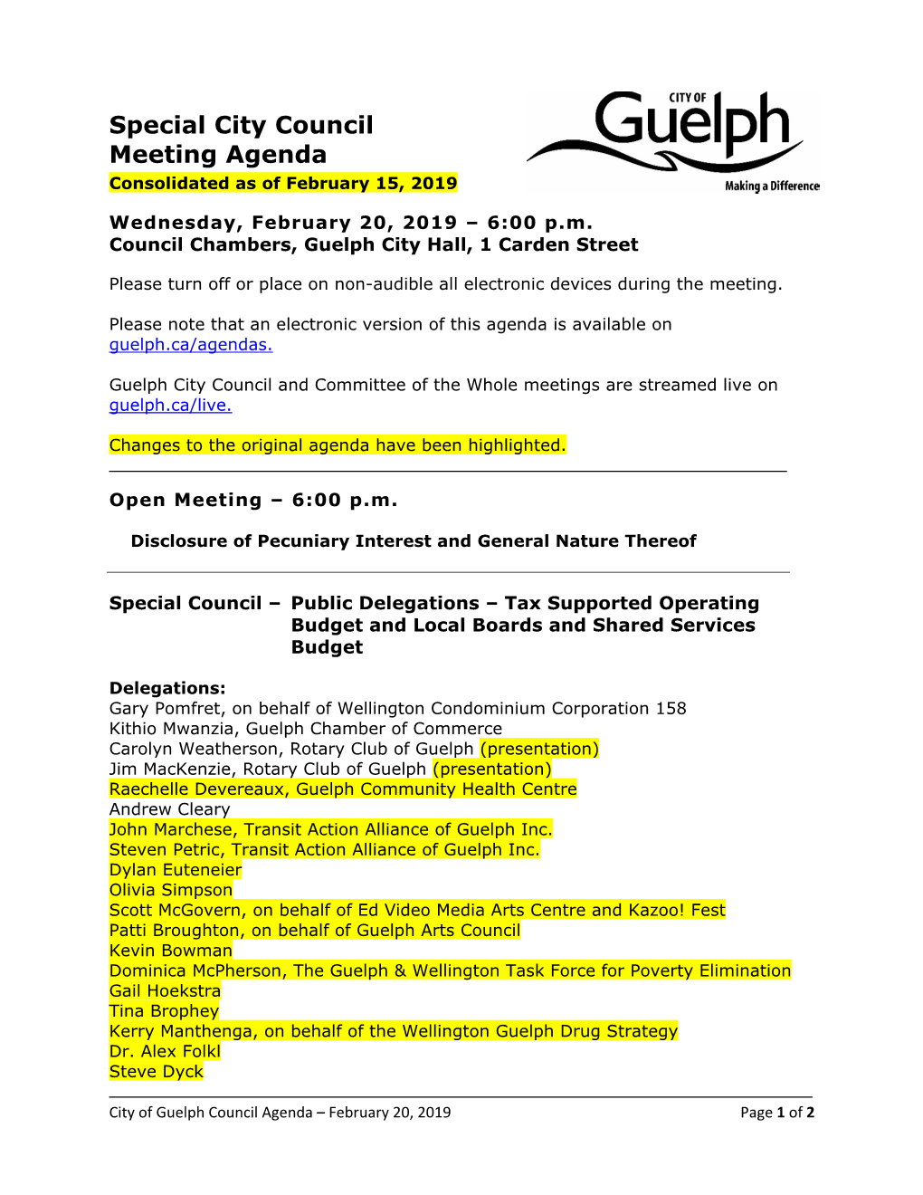 Special City Council Meeting Agenda Consolidated As of February 15, 2019