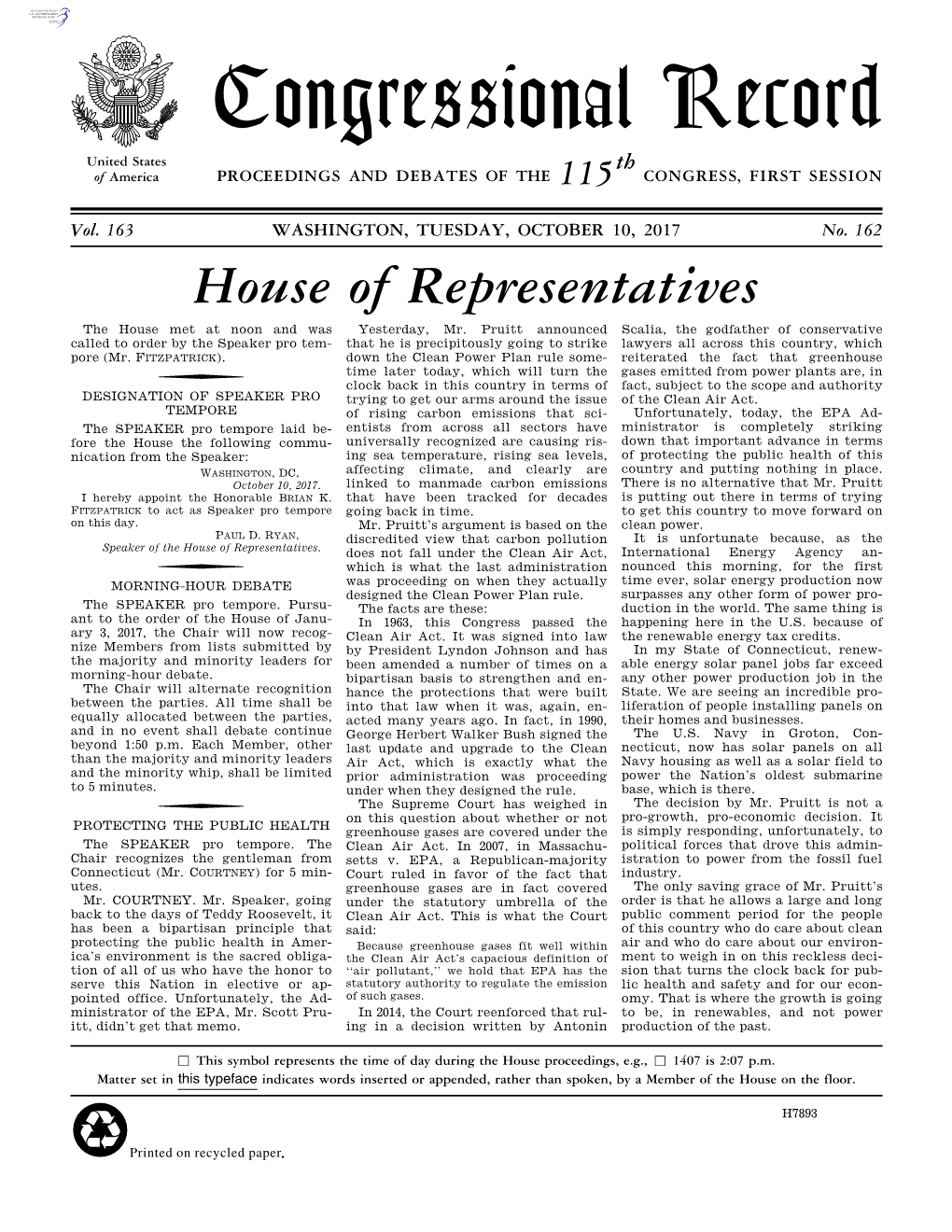 Congressional Record United States Th of America PROCEEDINGS and DEBATES of the 115 CONGRESS, FIRST SESSION