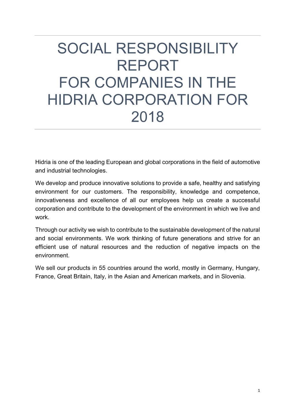 Social Responsibility Report for Companies in the Hidria Corporation for 2018