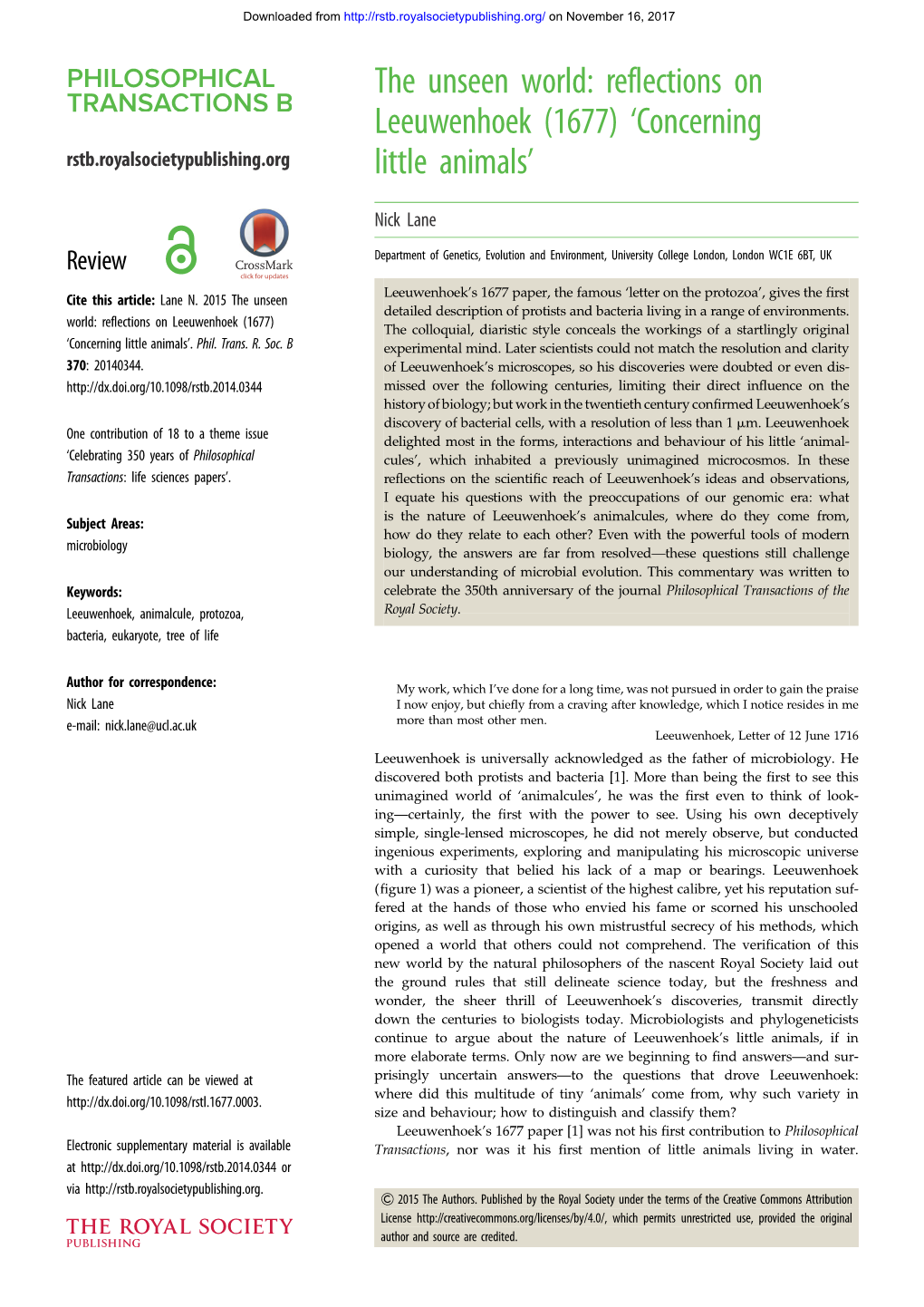 Reflections on Leeuwenhoek (1677) ‘Concerning Rstb.Royalsocietypublishing.Org Little Animals’
