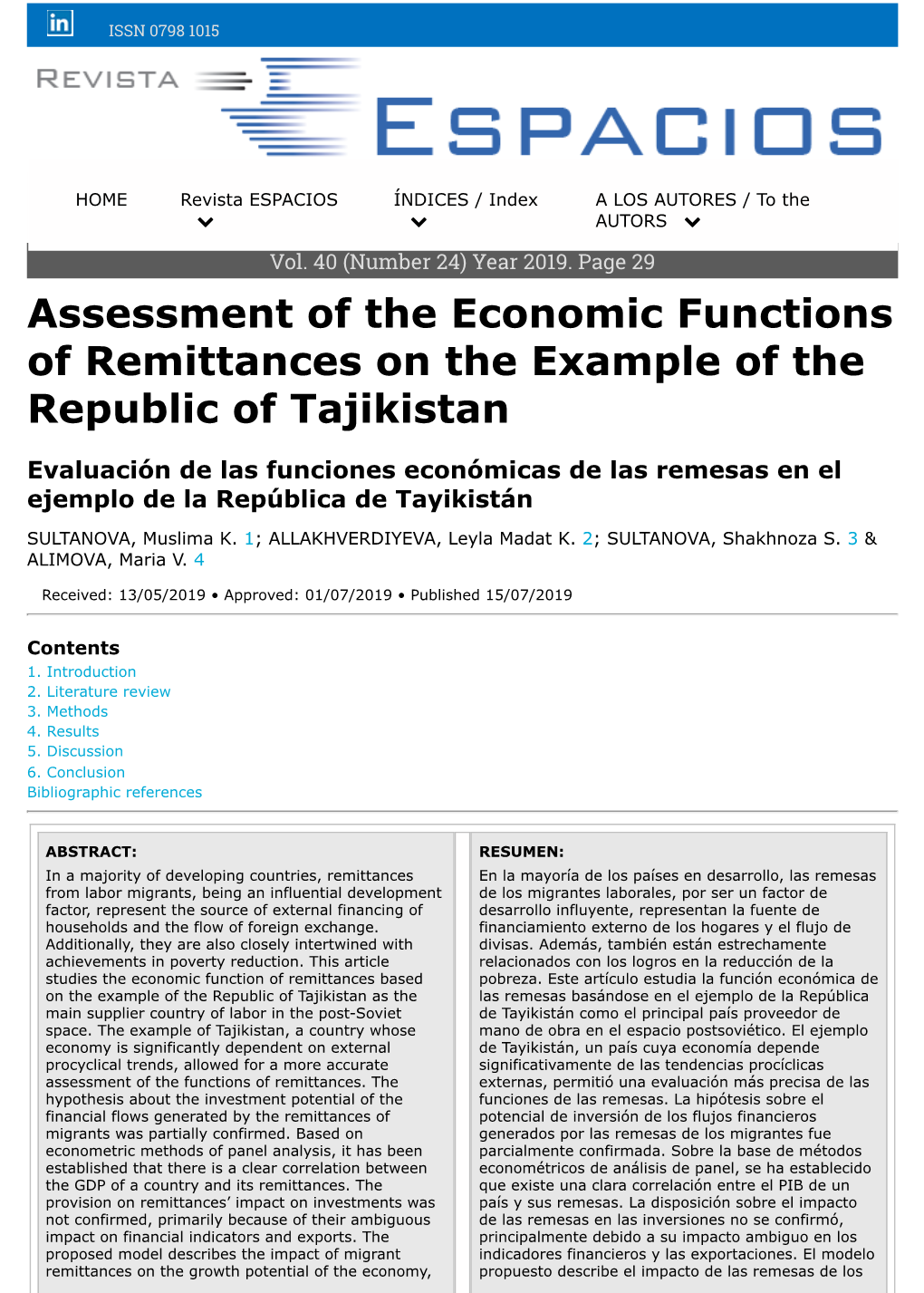 Assessment of the Economic Functions of Remittances on the Example of the Republic of Tajikistan