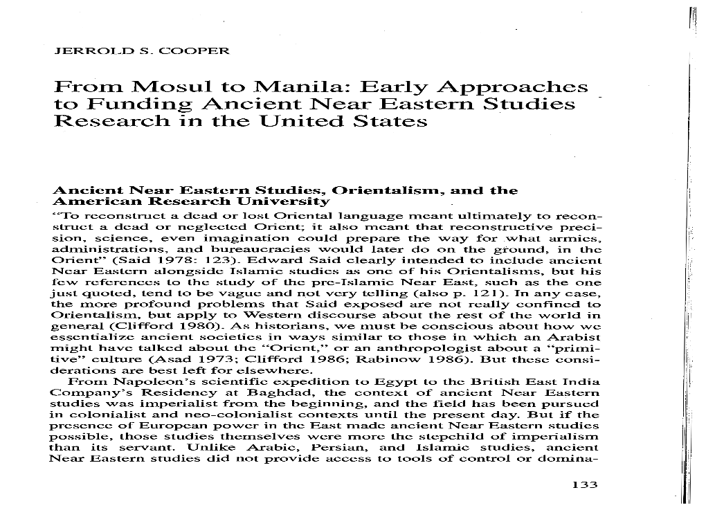 Early Approaches to Funding Ancient Near Eastern Studies Research in the United States