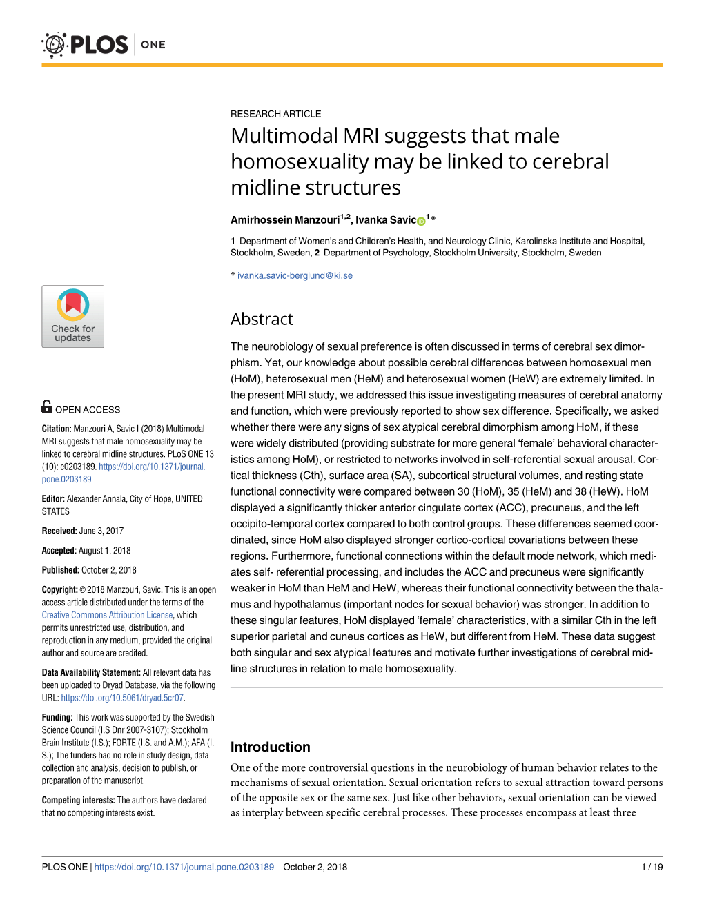 Multimodal MRI Suggests That Male Homosexuality May Be Linked to Cerebral Midline Structures