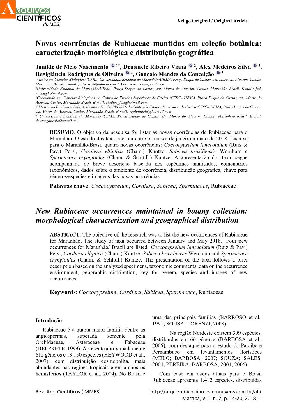 Novas Ocorrências De Rubiaceae Mantidas Em Coleção Botânica: Caracterização Morfológica E Distribuição Geográfica