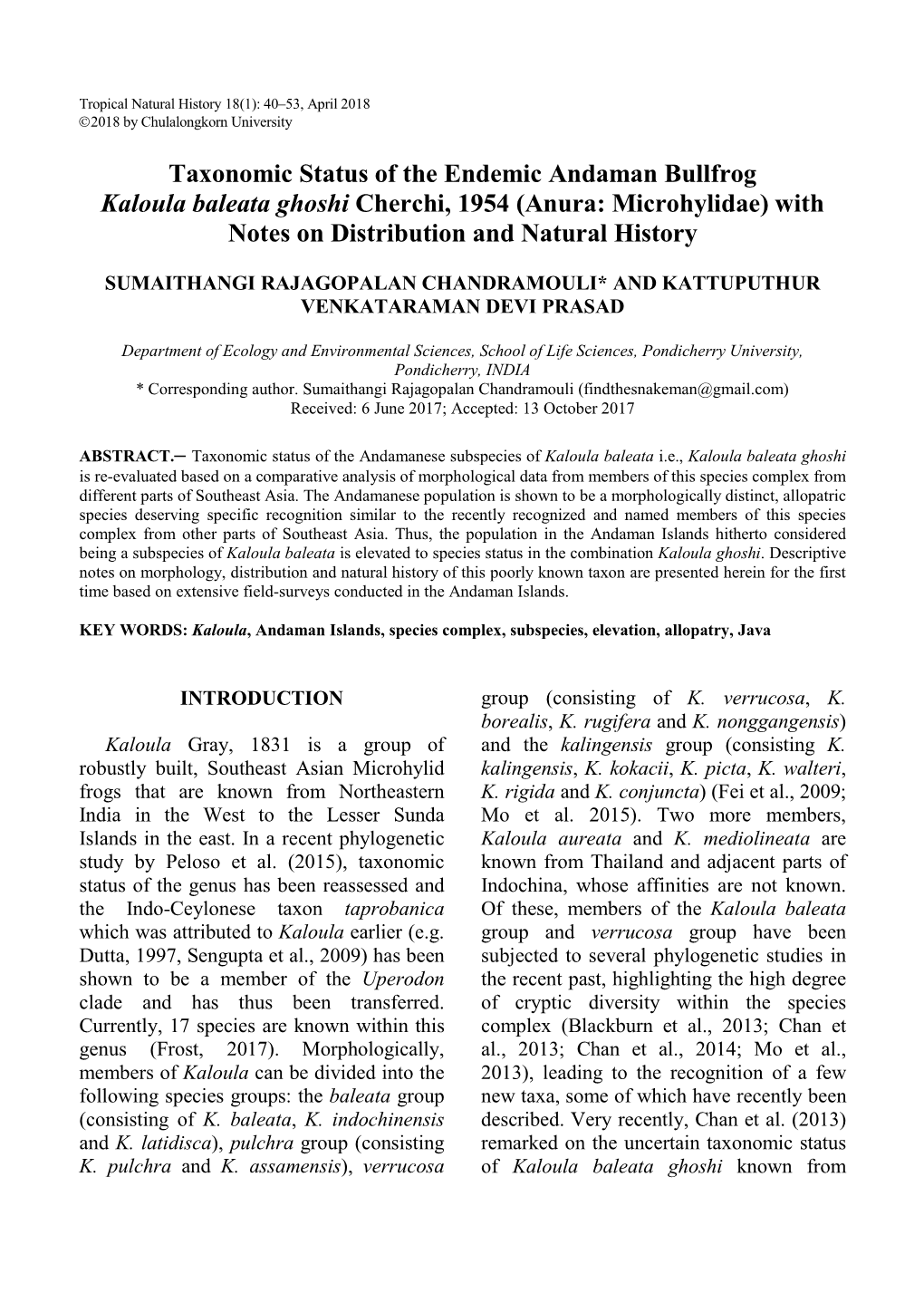 Taxonomic Status of the Endemic Andaman Bullfrog Kaloula Baleata Ghoshi Cherchi, 1954 (Anura: Microhylidae) with Notes on Distribution and Natural History