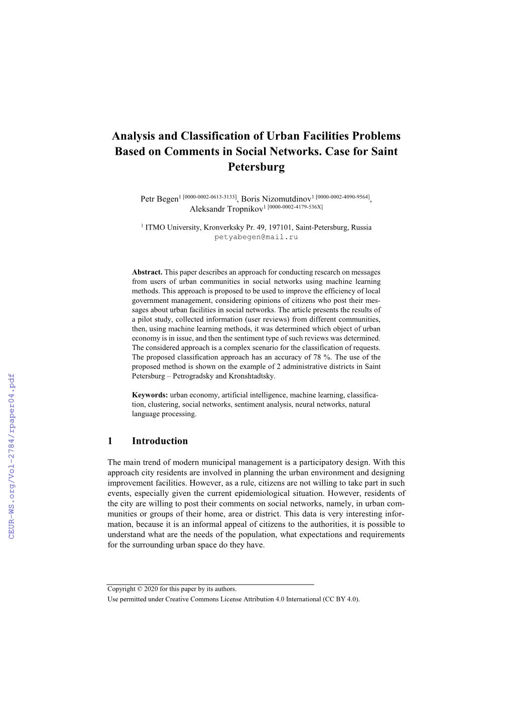 Analysis and Classification of Urban Facilities Problems Based on Comments in Social Networks
