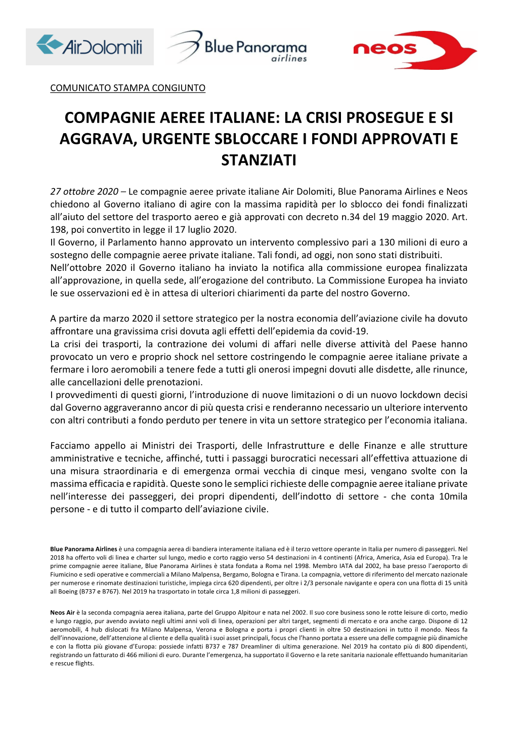 Compagnie Aeree Italiane: La Crisi Prosegue E Si Aggrava, Urgente Sbloccare I Fondi Approvati E Stanziati