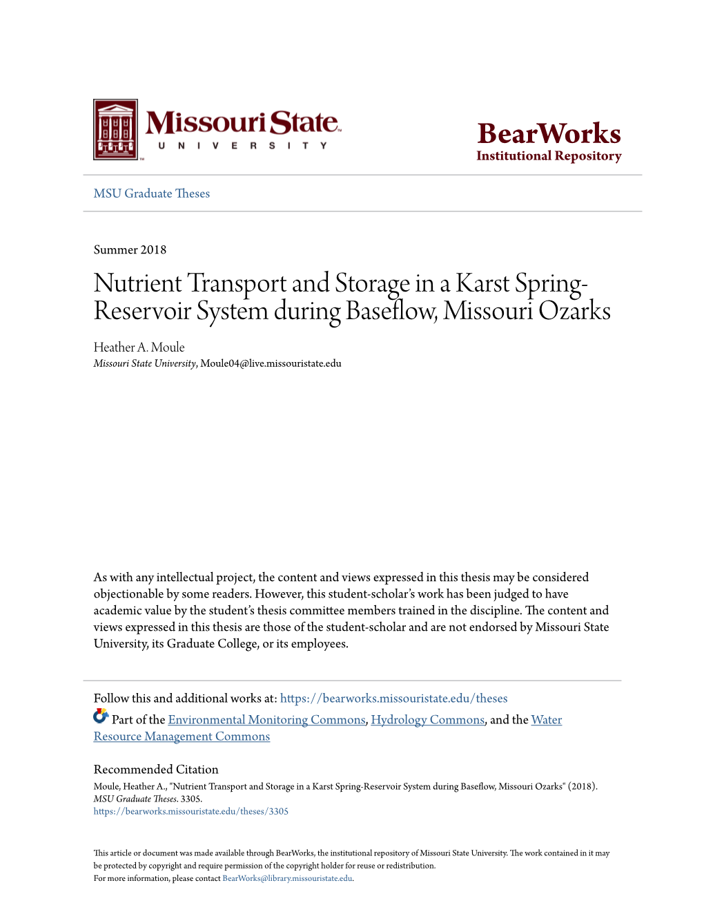 Nutrient Transport and Storage in a Karst Spring-Reservoir System During Baseflow, Missouri Ozarks" (2018)