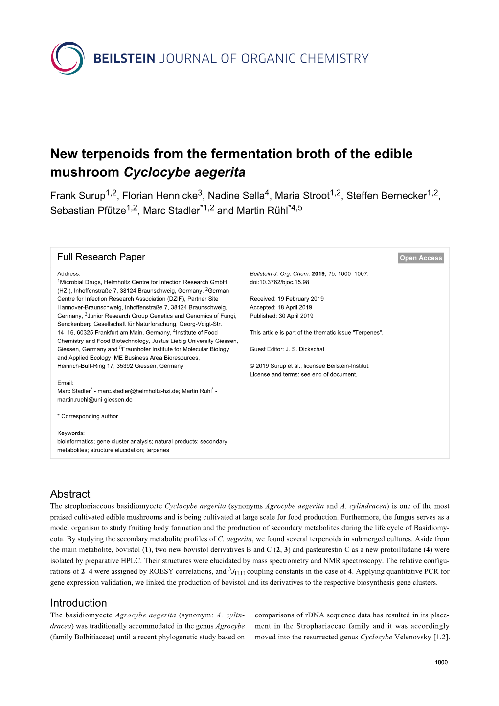 New Terpenoids from the Fermentation Broth of the Edible Mushroom Cyclocybe Aegerita