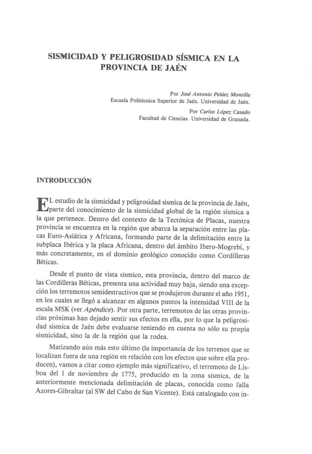 Sismicidad Y Peligrosidad Sísmica En La Provincia De Jaén