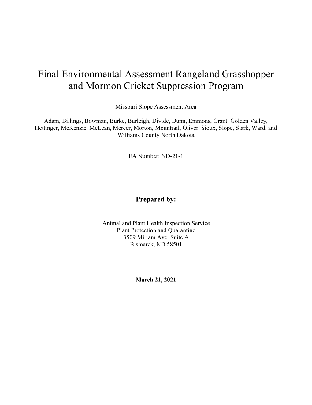 Final Environmental Assessment Rangeland Grasshopper and Mormon Cricket Suppression Program