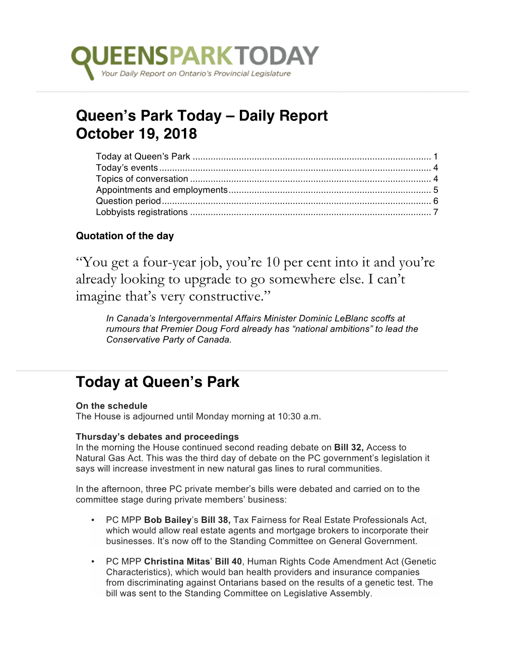Queen's Park Today – Daily Report October 19
