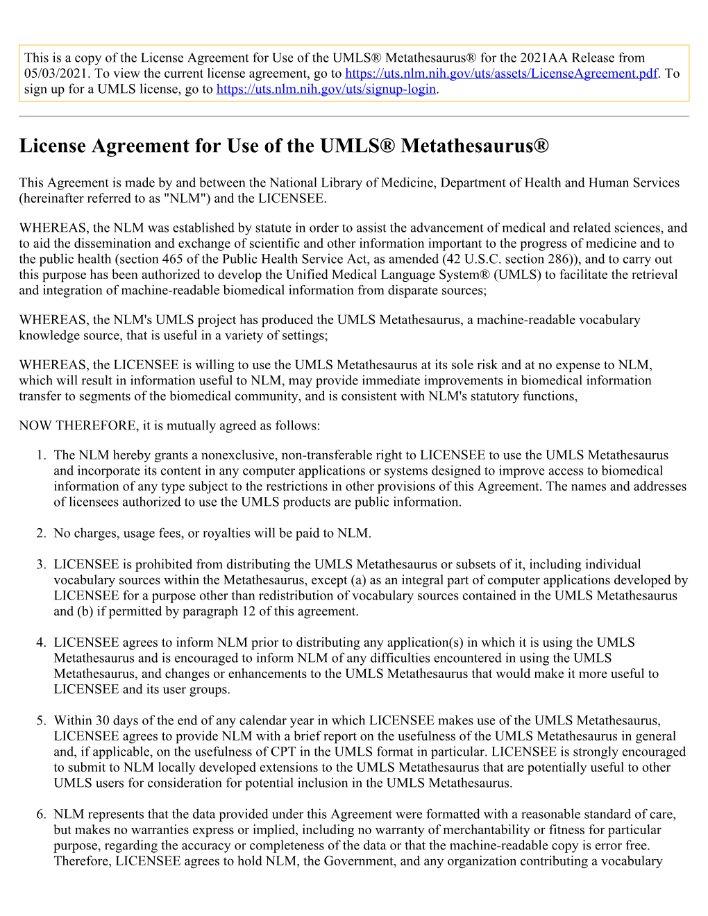 2021AA UMLS Metathesaurus License Agreement