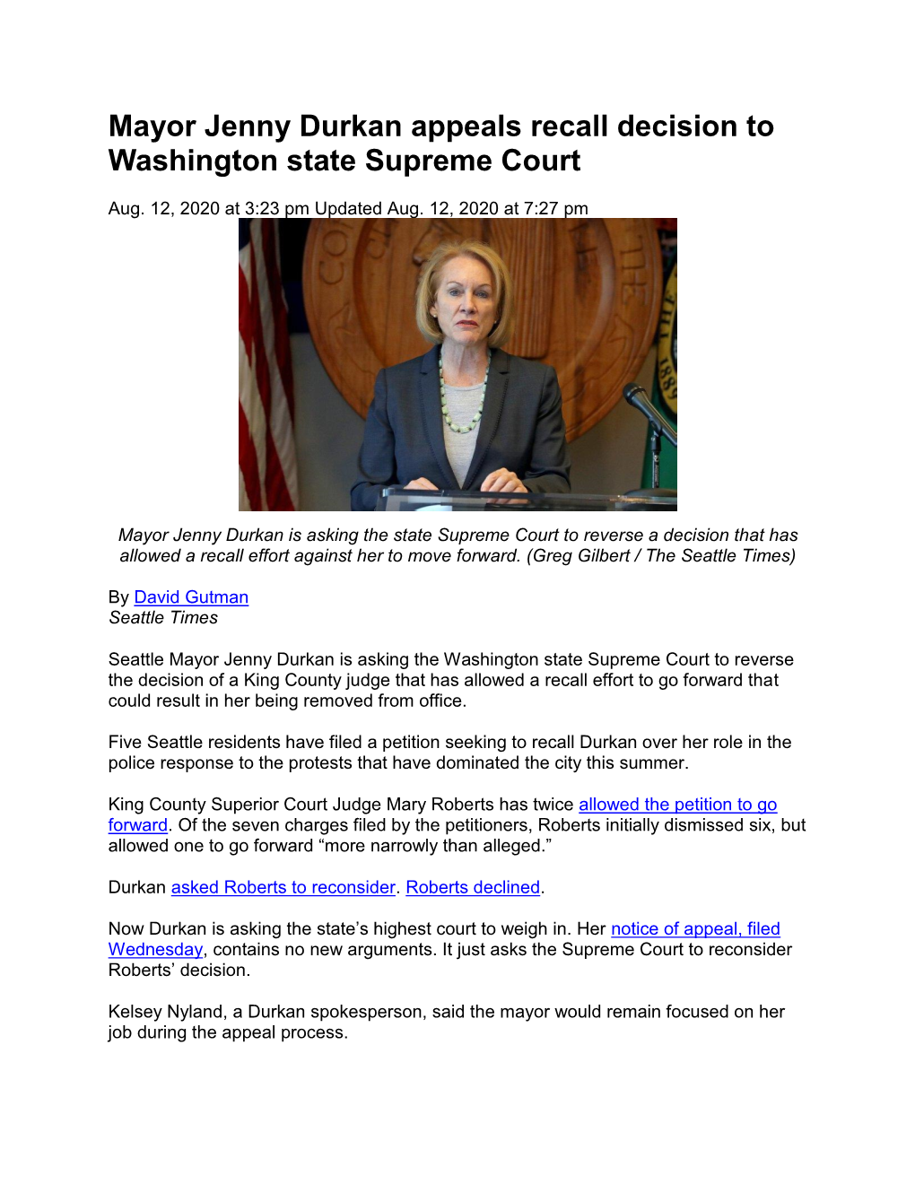 Mayor Jenny Durkan Appeals Recall Decision to Washington State Supreme Court