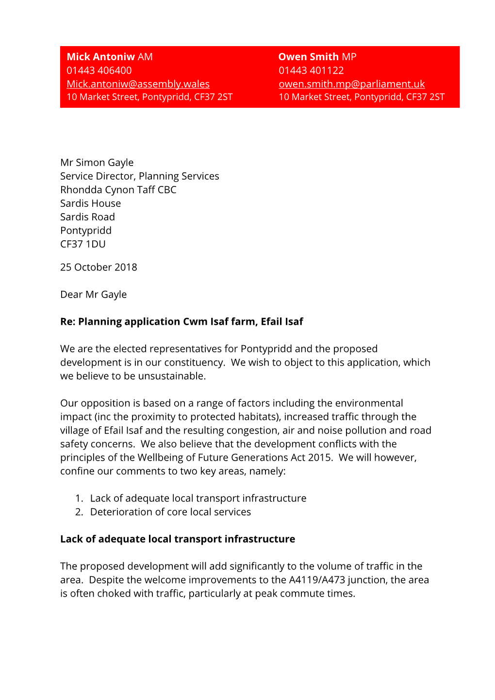 Cwm Isaf Farm Letter of Objection From