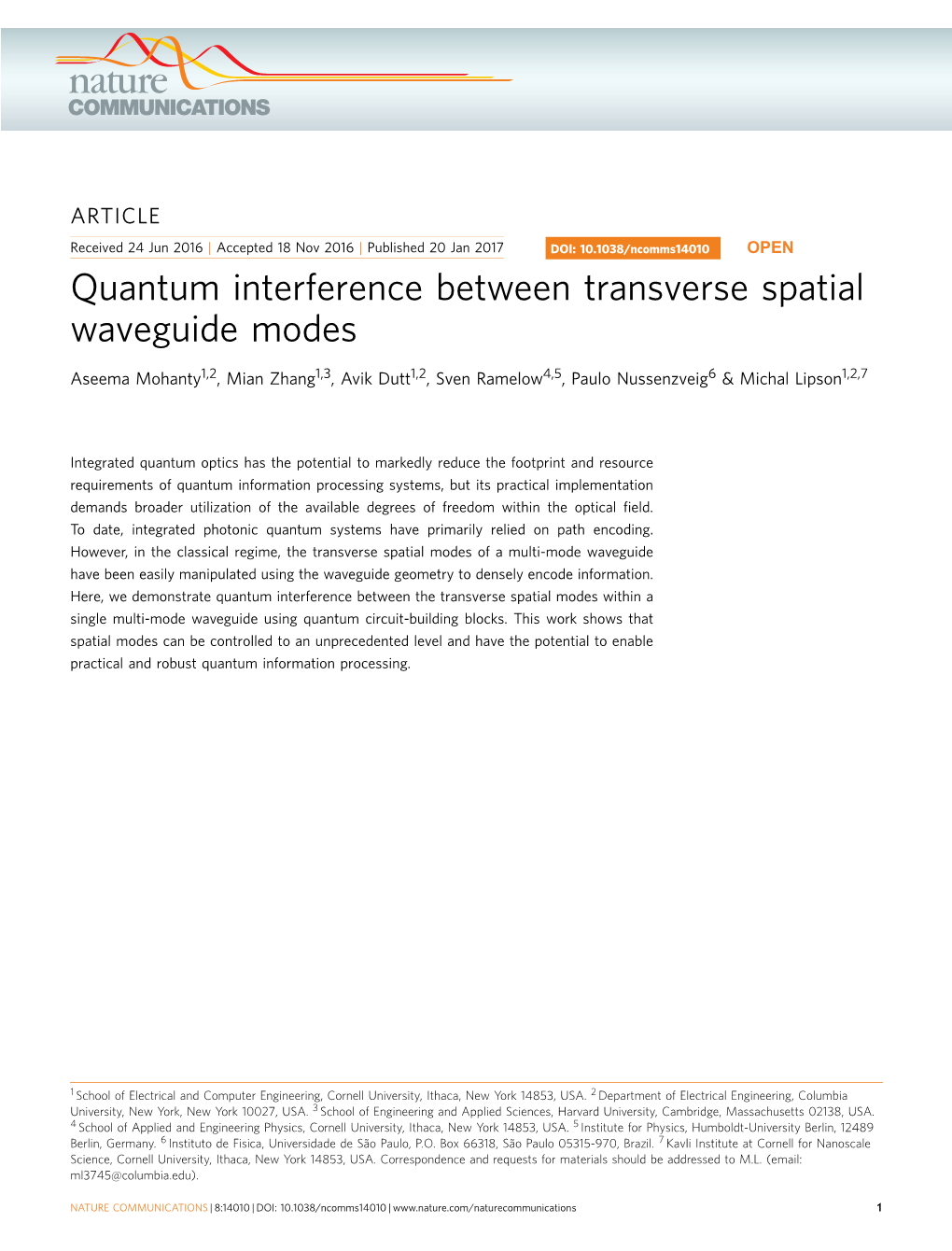 Quantum Interference Between Transverse Spatial Waveguide Modes