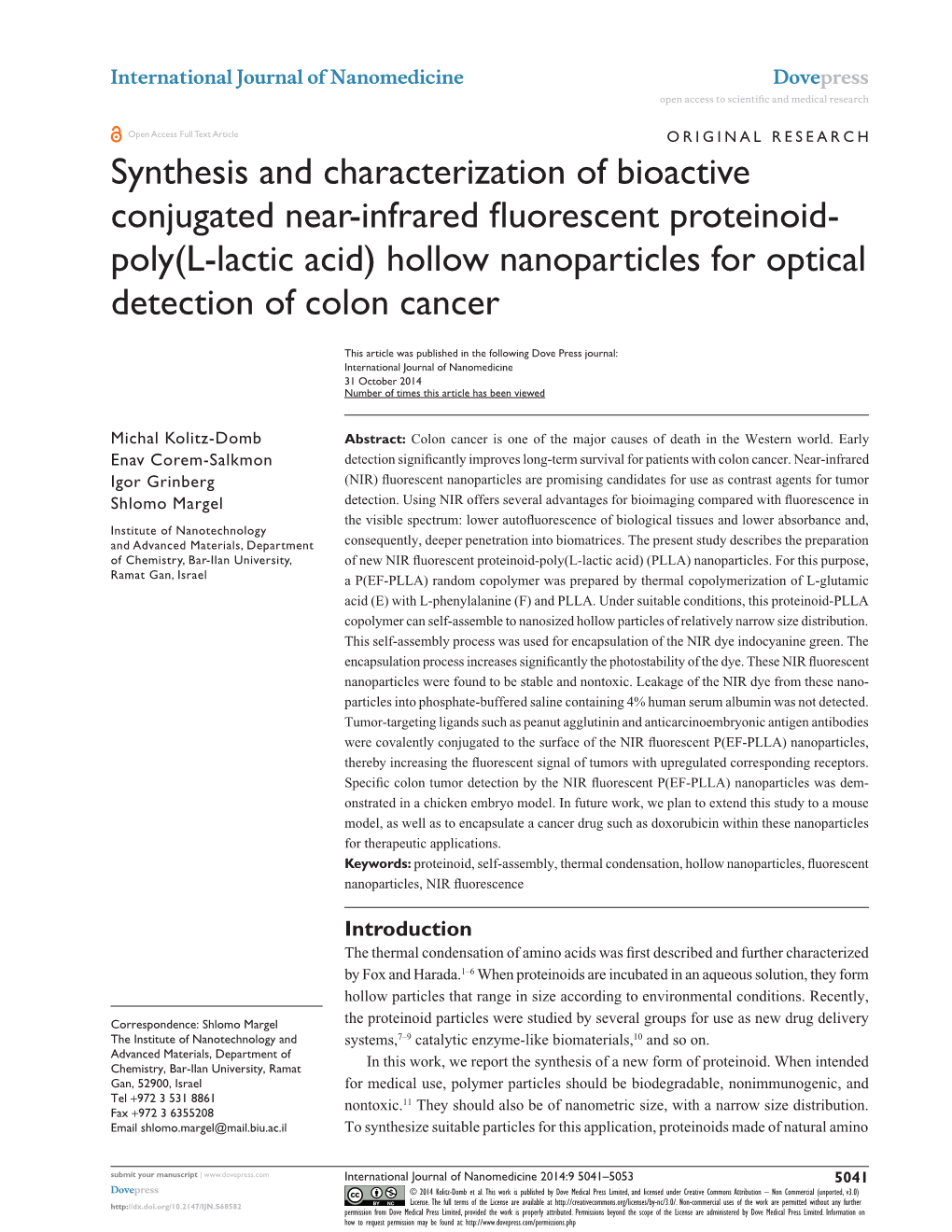 Poly(L-Lactic Acid) Hollow Nanoparticles for Optical Detection of Colon Cancer