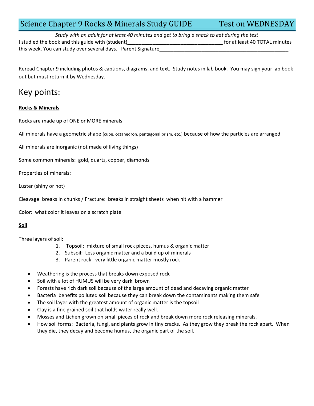 Science Chapter 9 Rocks & Minerals Study GUIDE Test on WEDNESDAY