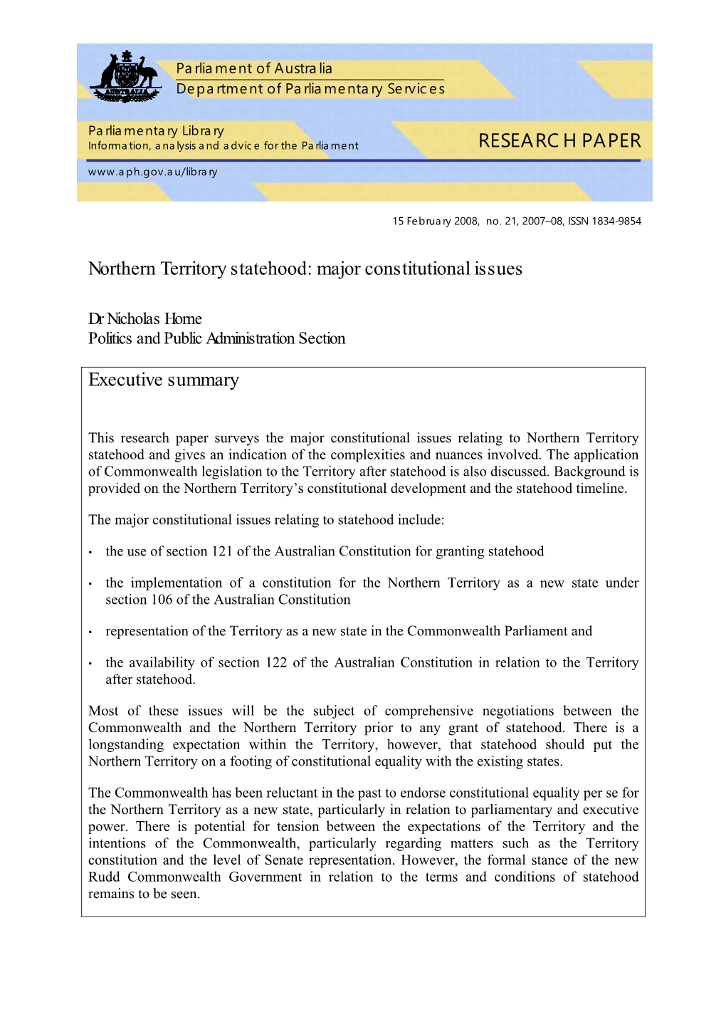 Northern Territory Statehood: Major Constitutional Issues