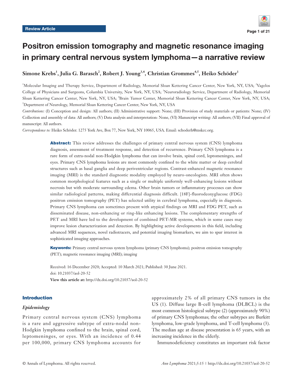 Positron Emission Tomography and Magnetic Resonance Imaging in Primary Central Nervous System Lymphoma—A Narrative Review