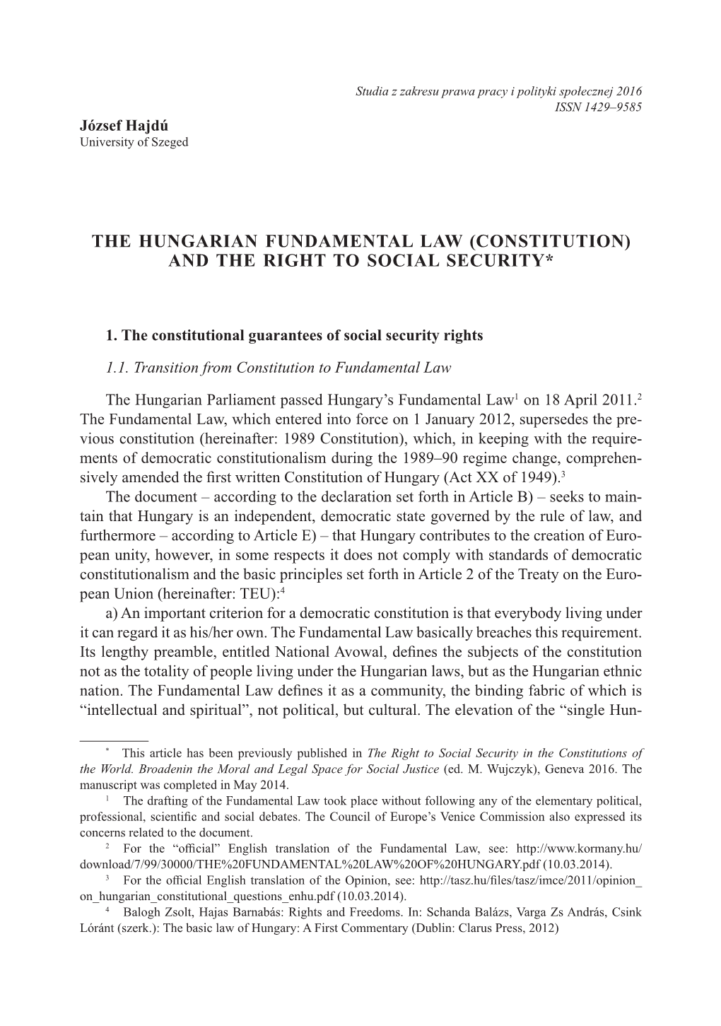 The Hungarian Fundamental Law (Constitution) and the Right to Social Security*