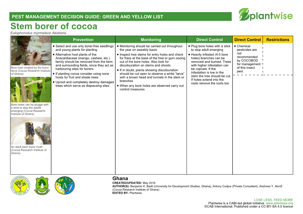 Stem Borer of Cocoa Eulophonotus Myrmeleon Akokono Prevention Monitoring Direct Control Direct Control Restrictions