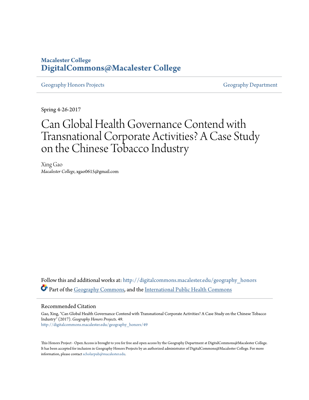 A Case Study on the Chinese Tobacco Industry Xing Gao Macalester College, Xgao0615@Gmail.Com