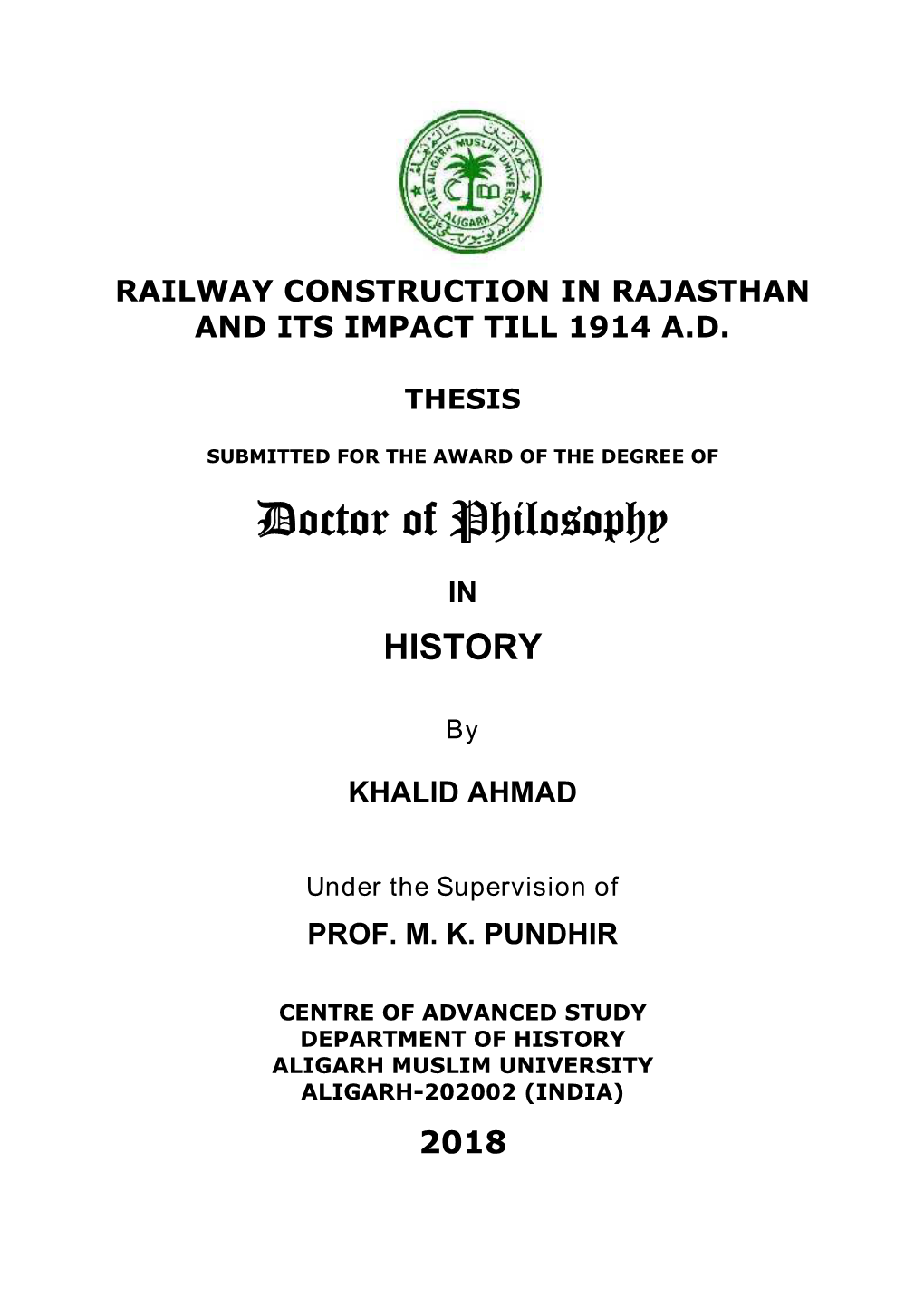 Railway Construction in Rajasthan and Its Impact Till 1914 A.D