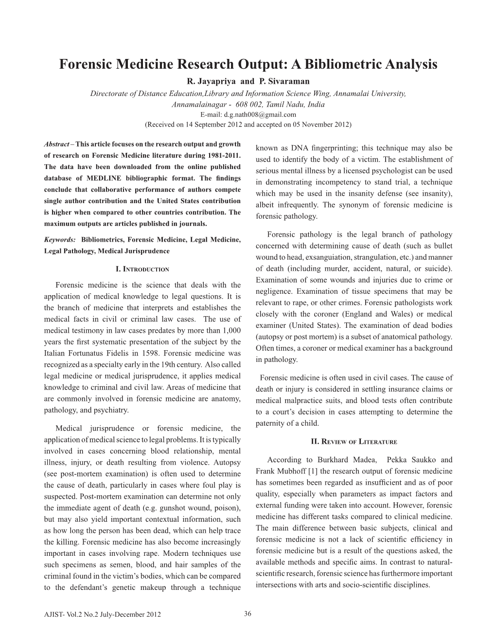 Forensic Medicine Research Output: a Bibliometric Analysis R