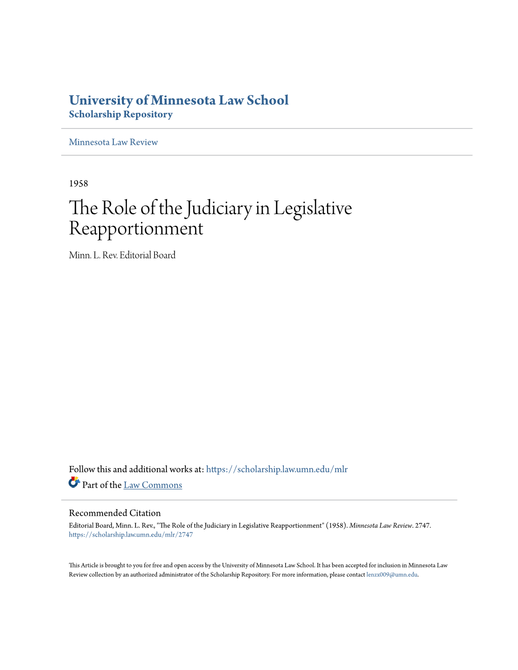 The Role of the Judiciary in Legislative Reapportionment Minn