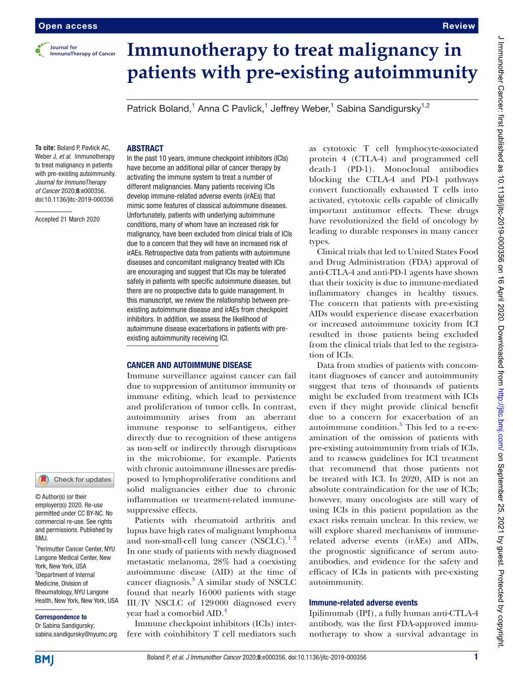 Immunotherapy to Treat Malignancy in Patients with Pre-Existing­ Autoimmunity