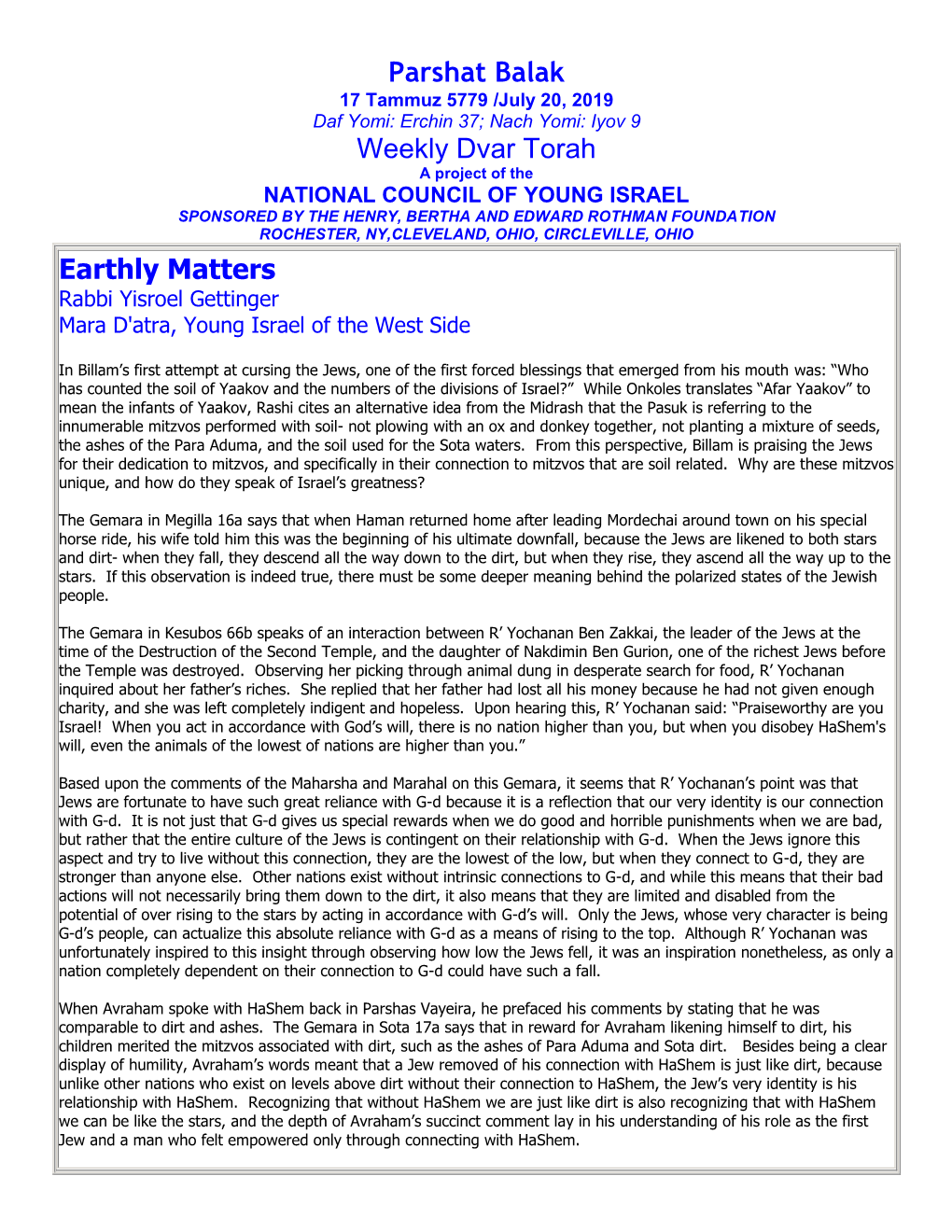 Parshat Balak Weekly Dvar Torah Earthly Matters