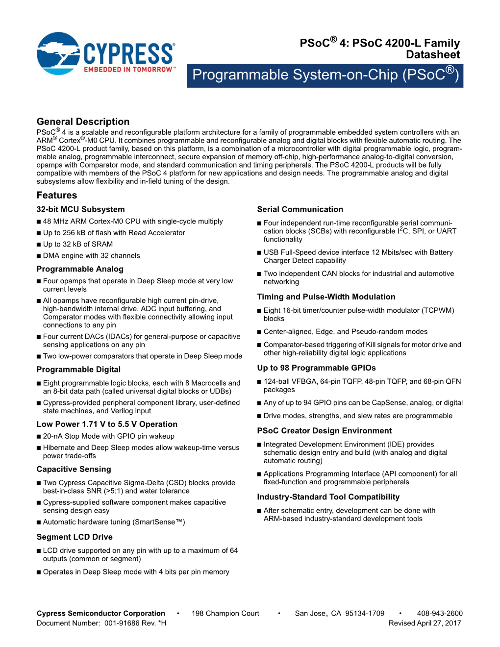 Psoc® 4: Psoc 4200-L Family Datasheet Programmable System-On-Chip (Psoc®)