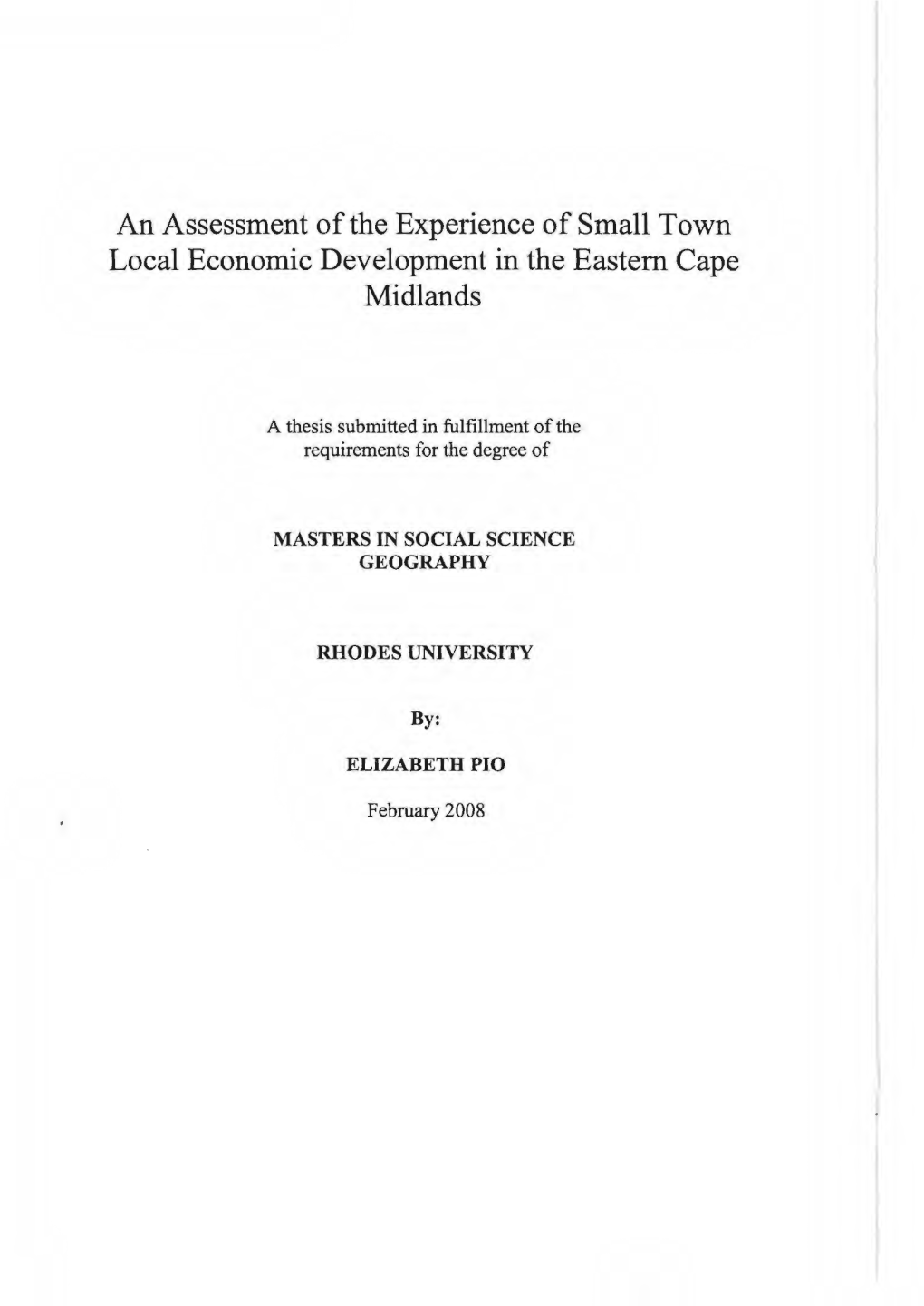 An Assessment of the Experience of Small Town Local Economic Development in the Eastern Cape Midlands
