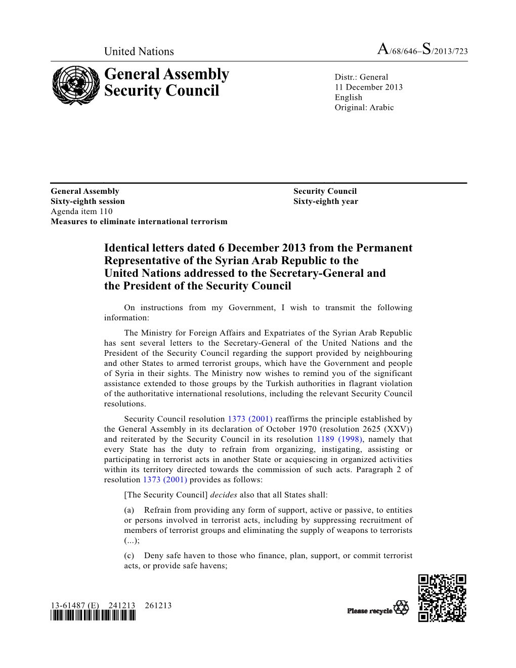 General Assembly Security Council Sixty-Eighth Session Sixty-Eighth Year Agenda Item 110 Measures to Eliminate International Terrorism