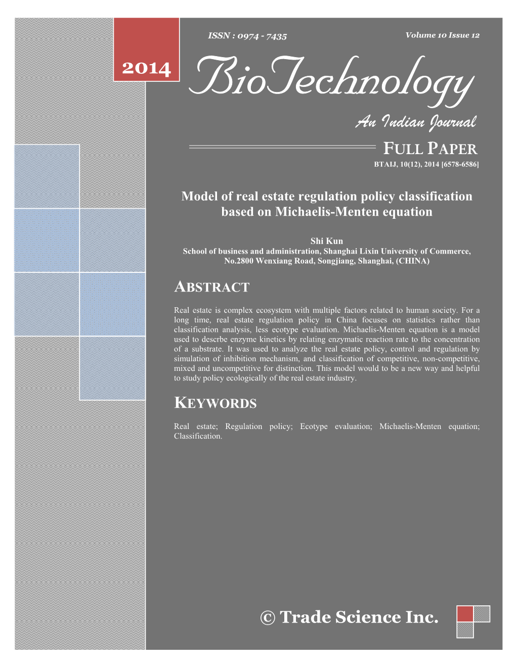 Model of Real Estate Regulation Policy Classification Based on Michaelis-Menten Equation