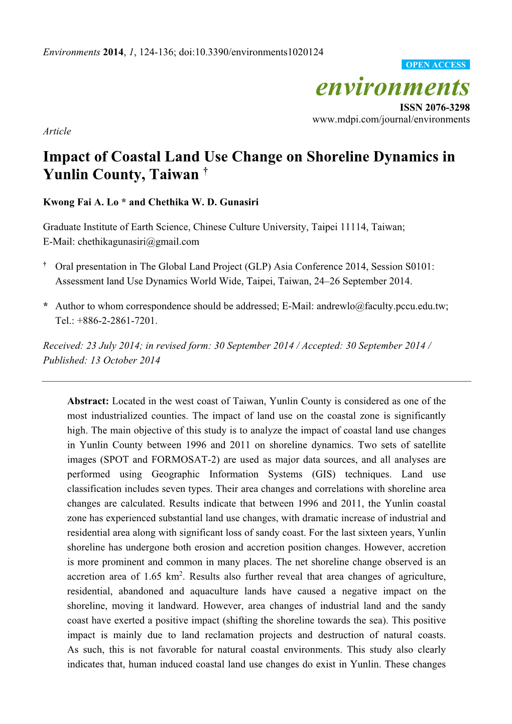 Impact of Coastal Land Use Change on Shoreline Dynamics in Yunlin County, Taiwan †