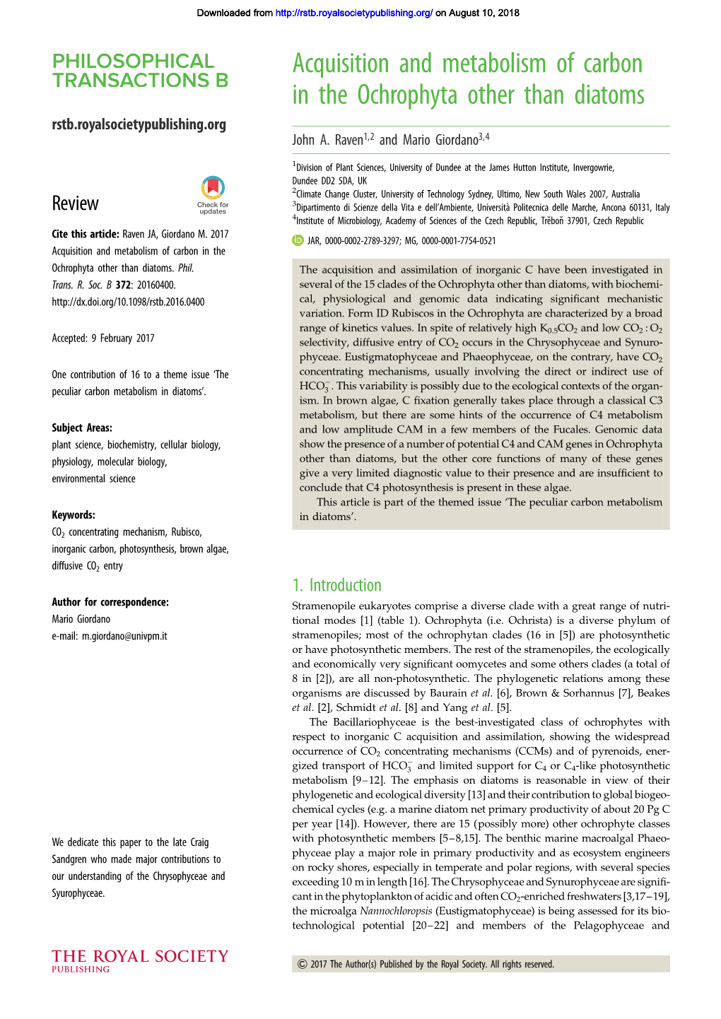 Acquisition and Metabolism of Carbon in the Ochrophyta Other Than Diatoms Rstb.Royalsocietypublishing.Org John A