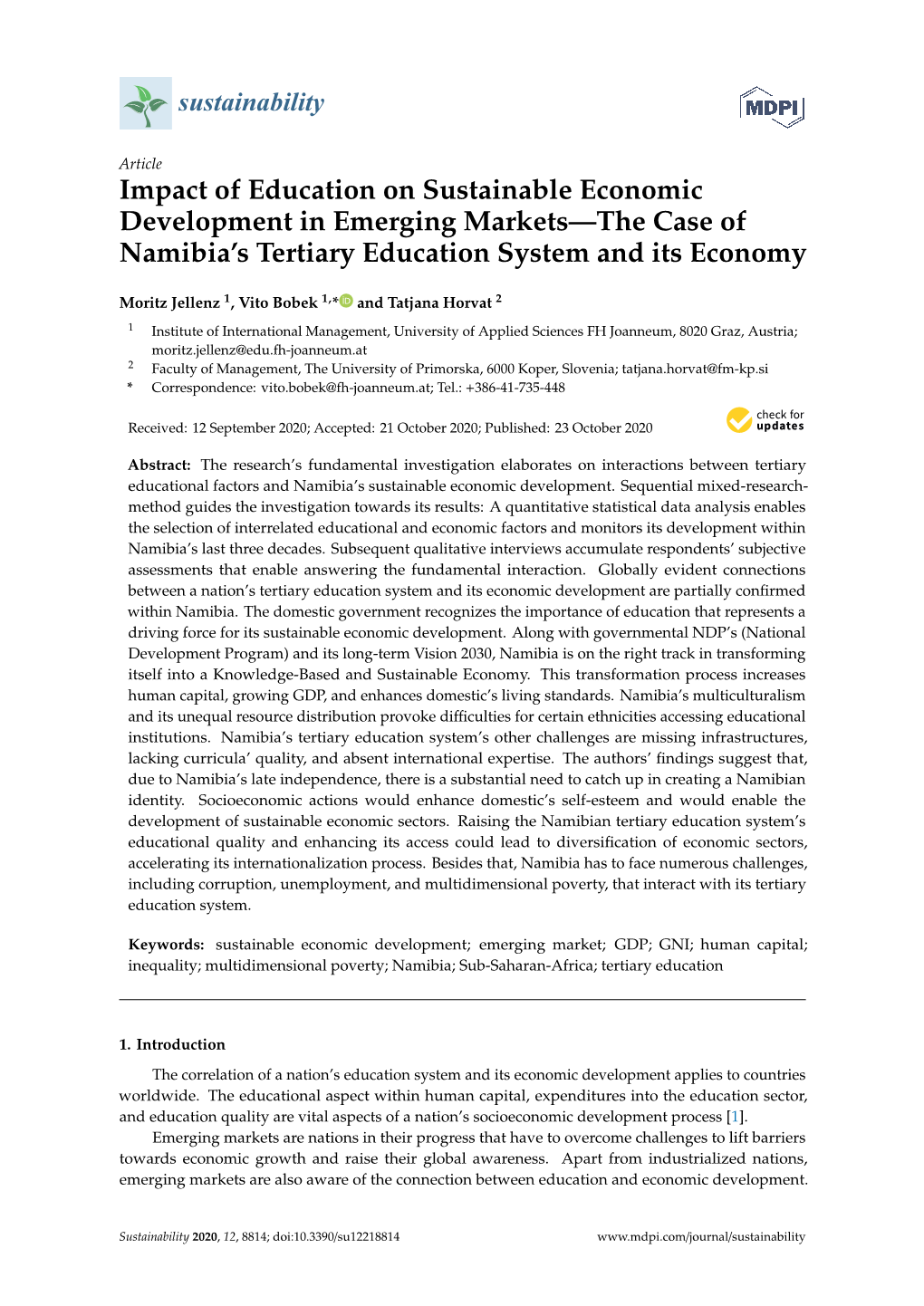 Impact of Education on Sustainable Economic Development in Emerging Markets—The Case of Namibia’S Tertiary Education System and Its Economy