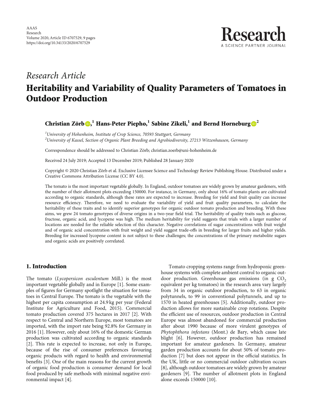 Research Article Heritability and Variability of Quality Parameters of Tomatoes in Outdoor Production