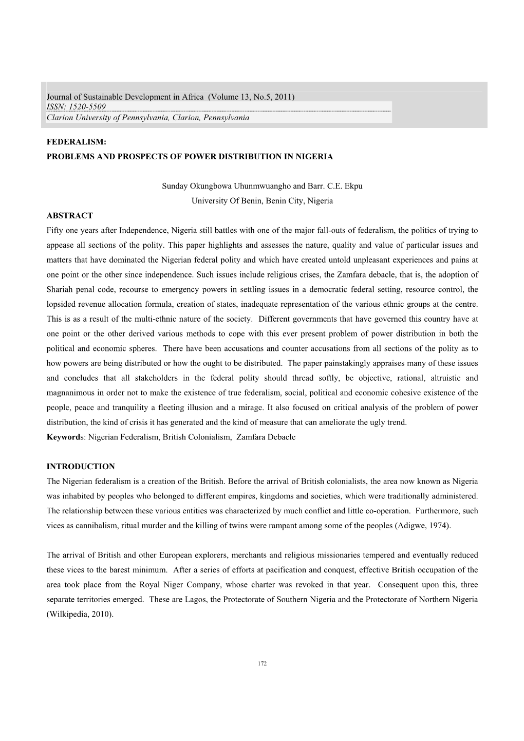 Federalism: Problems and Prospects of Power Distribution in Nigeria