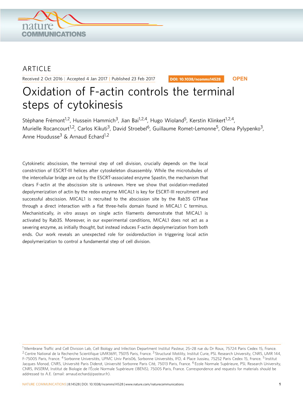 Oxidation of F-Actin Controls the Terminal Steps of Cytokinesis