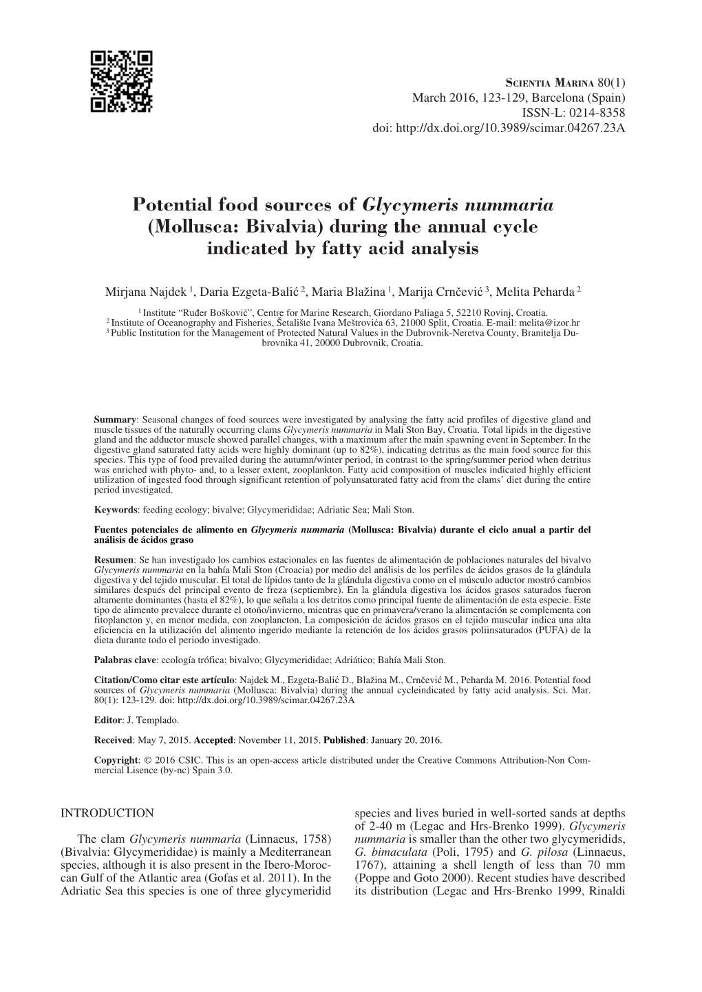 Potential Food Sources of Glycymeris Nummaria (Mollusca: Bivalvia) During the Annual Cycle Indicated by Fatty Acid Analysis ; Fu