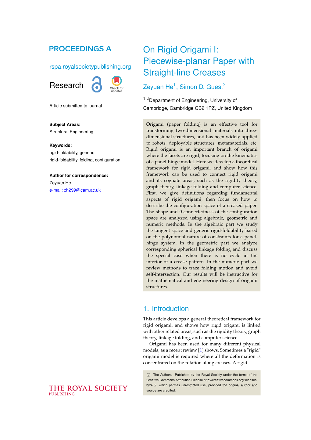 On Rigid Origami I: Piecewise-Planar Paper with Straight-Line Creases