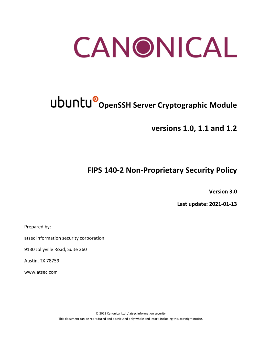 Openssh Server Cryptographic Module Versions 1.0, 1.1 and 1.2