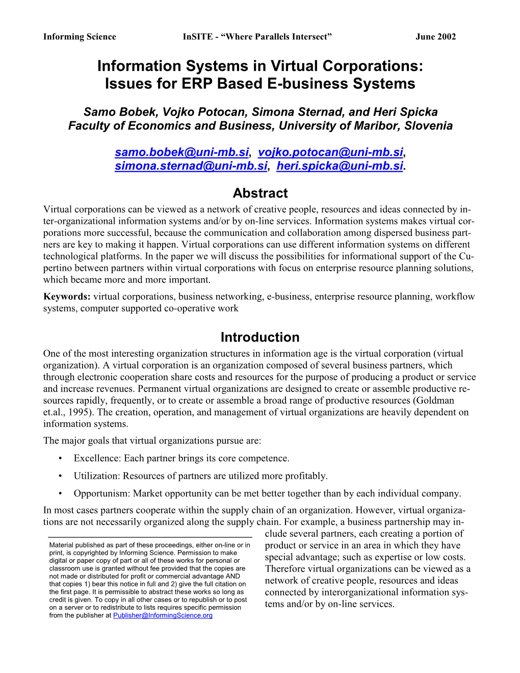 Information Systems in Virtual Corporations: Issues for ERP Based E-Business Systems