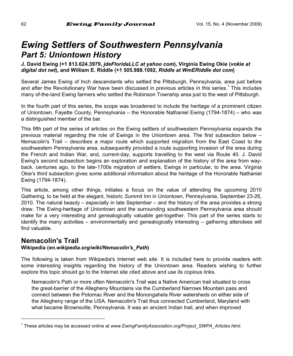 Ewing Settlers of Southwestern Pennsylvania Part 5: Uniontown History J